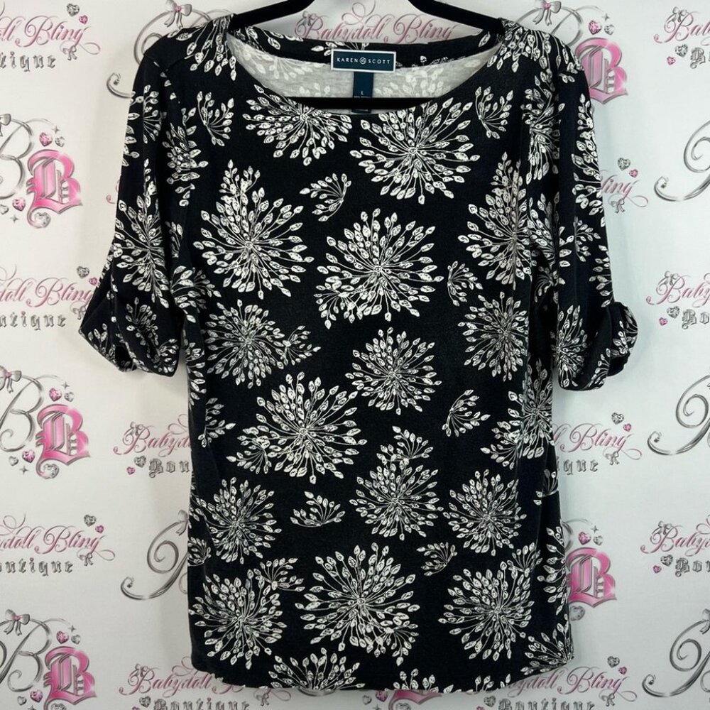Karen Scott top shirt firework flowers floral  Black and White Floral Blouse